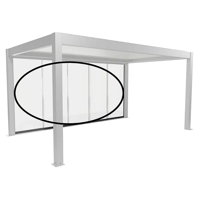 Biohort Pergola Schiebewand aus Glas - Passend für Biohort Pergola Lamellenpavillon Gr. 5, Quarzgrau Metallic - Weiße Metallpergola mit integrierten Glasschiebeelementen.