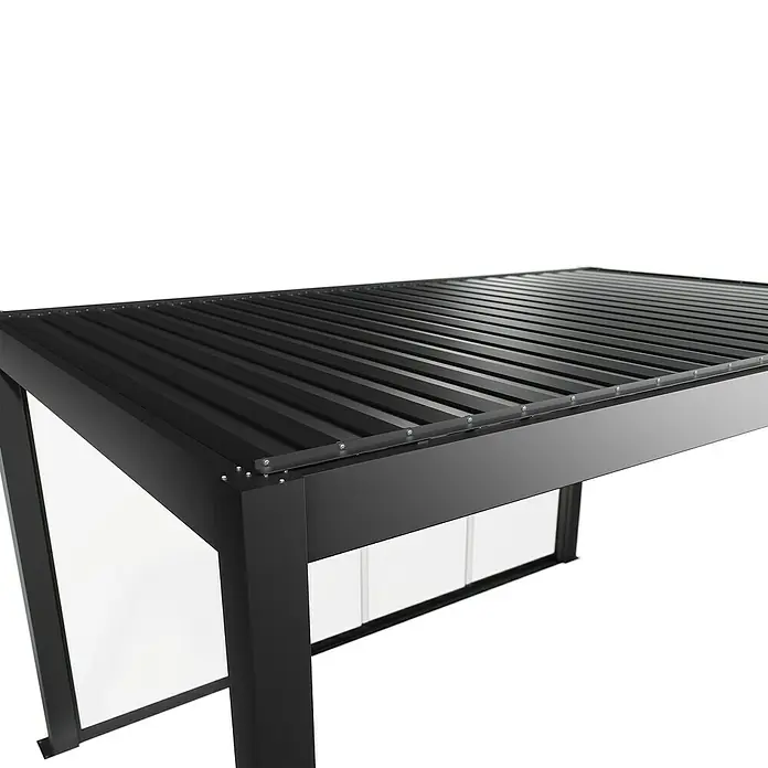 Biohort Pergola Schiebewand aus Glas - Passend für Biohort Pergola Lamellenpavillon Gr. 4,5, Dunkelgrau Metallic - Schwarze Metall-Pergola/Carport mit Lamellendach und transparenten Seitenwänden.