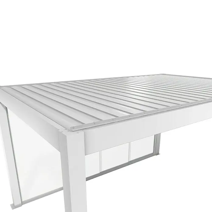 Biohort Pergola Schiebewand aus Glas - Passend für Biohort Pergola Lamellenpavillon Gr. 4,5, Weiß - Weiße Metallpergola/Carport mit Lamellendach und transparenten Seitenwänden.