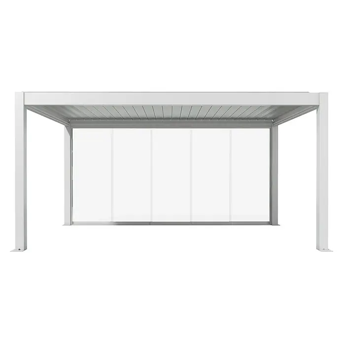Biohort Pergola Schiebewand aus Glas - Passend für Biohort Pergola Lamellenpavillon Gr. 5, Weiß - Moderne weiße Pergola mit Lamellendach und transparenten Glasschiebewänden.