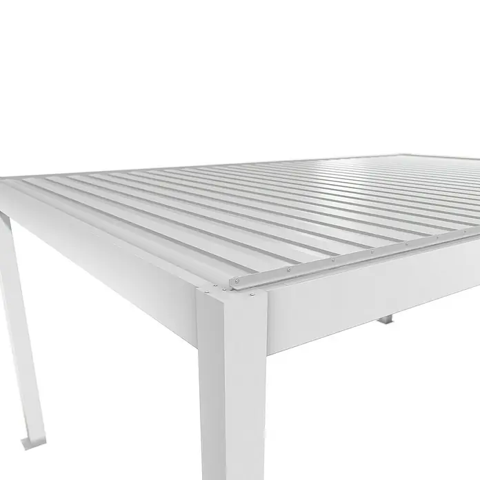 Biohort Lamellenpavillon - B x T: 522,5 x 367,5 cm, Weiß, Material Gestell: Stahl - Weißer Latten-Metalltisch mit sichtbaren Schrauben, schräg von oben gesehen.