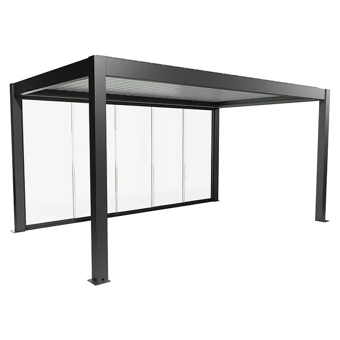 Biohort Pergola Schiebewand aus Glas - Passend für Biohort Pergola Lamellenpavillon Gr. 5, Dunkelgrau Metallic - Moderne dunkelgraue Pergola mit Metallrahmen und Glasschiebewänden.