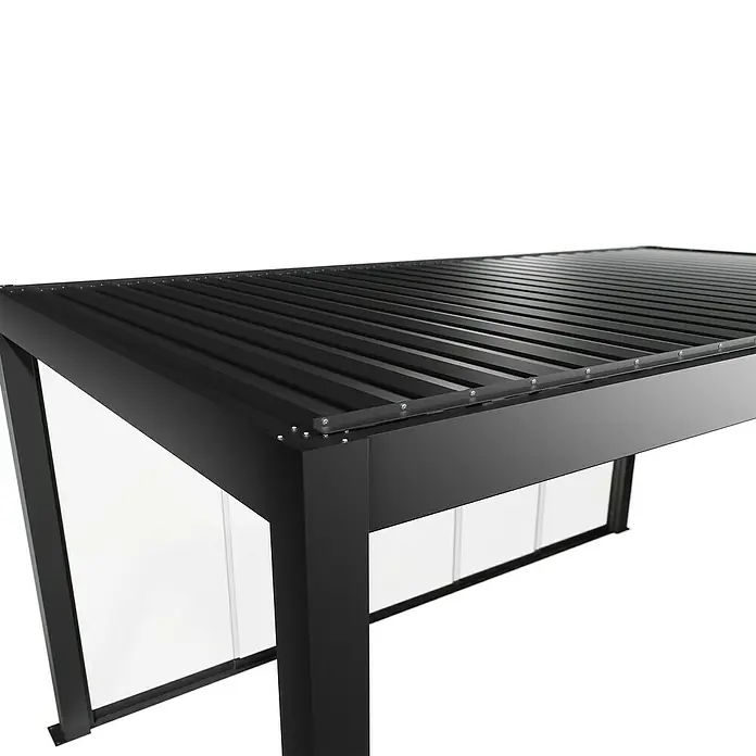 Biohort Pergola Schiebewand aus Glas - Passend für Biohort Pergola Lamellenpavillon Gr. 5, Dunkelgrau Metallic - Schwarze moderne Pergola mit verstellbarem Lamellendach und Glasschiebewänden.