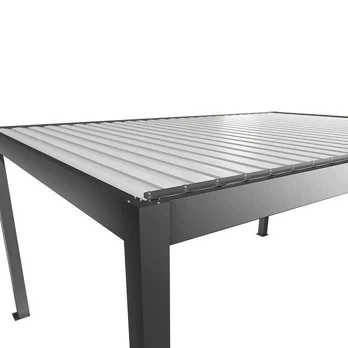 Biohort Lamellenpavillon - B x T: 515,5 x 367,5 cm, Quarzgrau Metallic/Weiß, Material Gestell: Stahl - Teil eines dunkelgrauen Metall-Pergoladachs mit weißen Lamellen.