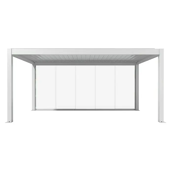 Biohort Pergola Schiebewand aus Glas - Passend für Biohort Pergola Lamellenpavillon Gr. 5,5, Weiß - Moderne weiße freistehende Pergola mit transparenten Glaswänden.