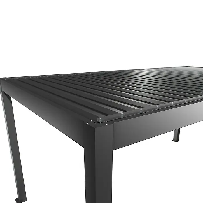 Biohort Lamellenpavillon - B x T: 552,5 x 312 cm, Quarzgrau Metallic, Material Gestell: Stahl - Dunkelgraues, pulverbeschichtetes Metall-Pergoladach mit Wellblechpaneelen und sichtbaren Befestigungen.