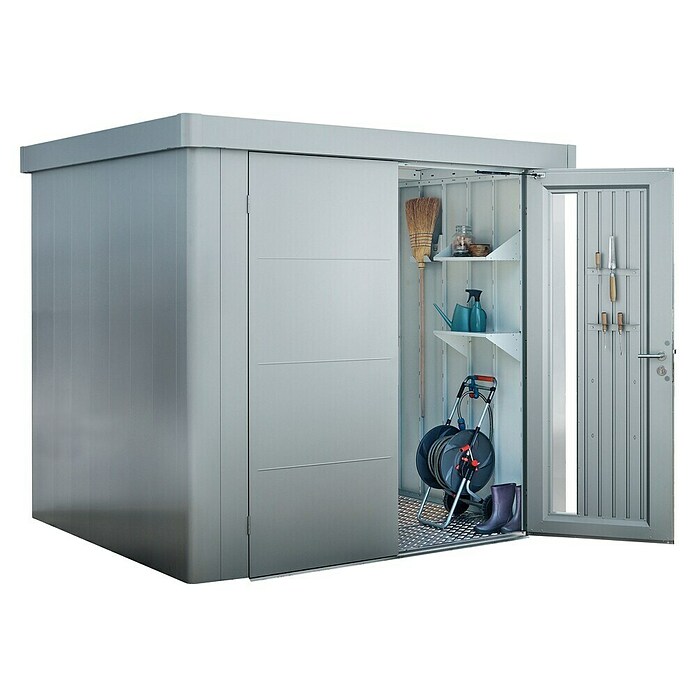 Biohort Neo Gerätehaus 1C (Außenbreite inkl. Dachüberstand: 292 cm, Außentiefe inkl. Dachüberstand: 180 cm, Stahl, Silber-Metallic, Doppeltür) | BAUHAUS