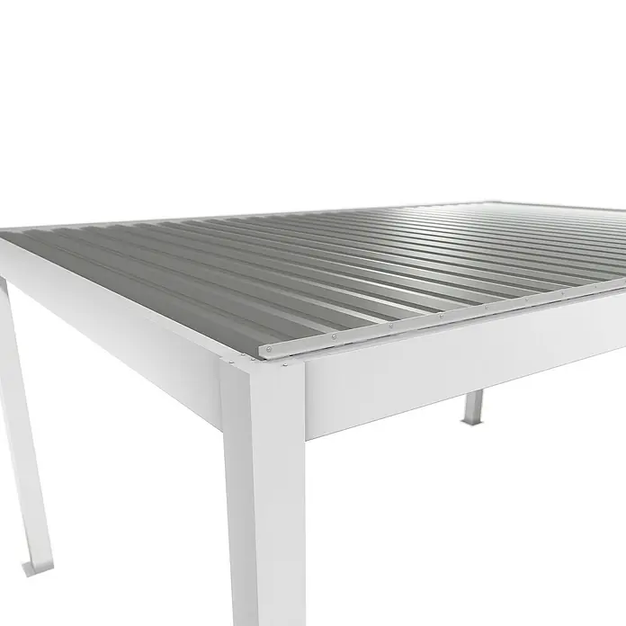 Biohort Lamellenpavillon - B x T: 515,5 x 367,5 cm, Weiß/Silber Metallic, Material Gestell: Stahl - Weiße Metall-Pergola mit grauem Wellblechdach.