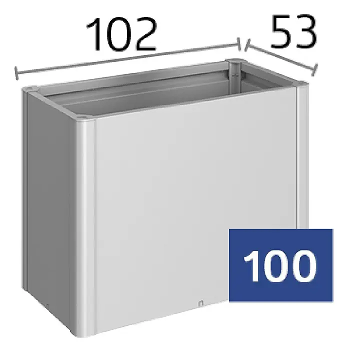 Biohort Belvedere Hochbeet - 53 x 102 x 77 cm, Stahl, Silber Metallic - Silberfarbener rechteckiger Metallpflanzkübel mit den Maßen 102x53x100 cm.