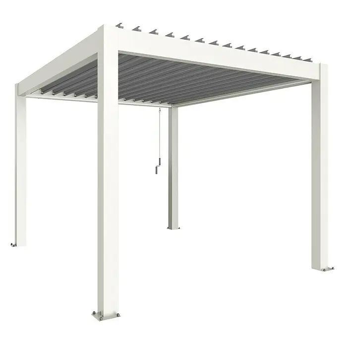 Biohort Lamellenpavillon - B x T: 312 x 367,5 cm, Weiß/Silber Metallic, Material Gestell: Stahl - Weiße Metall-Lamellenpergola mit grauem verstellbarem Dach und Kurbelmechanismus.