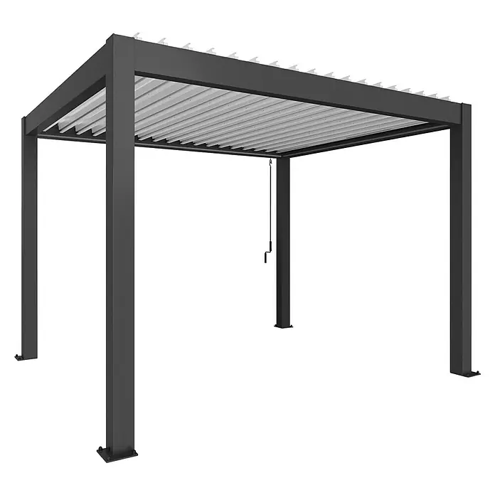 Biohort Lamellenpavillon - B x T: 367,5 x 312 cm, Dunkelgrau Metallic/Weiß, Material Gestell: Stahl - Graue Metallpergola mit verstellbarem Lamellendach und Kurbelmechanismus.