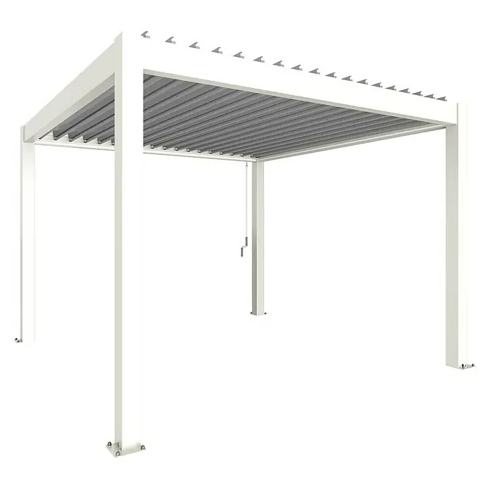 Biohort Lamellenpavillon - B x T: 367,5 x 367,5 cm, Weiß/Silber Metallic, Material Gestell: Stahl - Weiße freistehende Metallpergola mit verstellbaren grauen Lamellendachlatten.