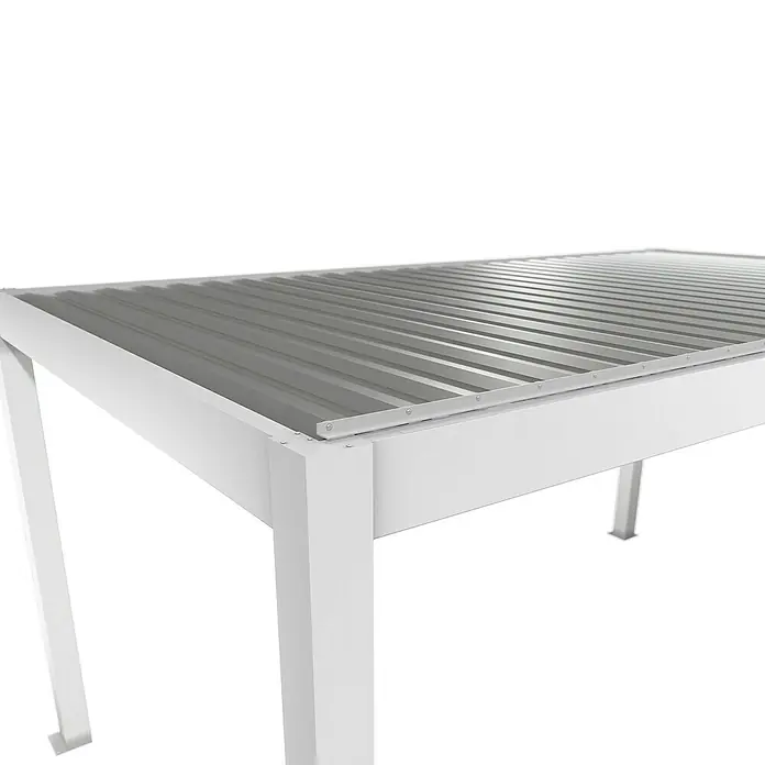 Biohort Lamellenpavillon - B x T: 515,5 x 312 cm, Weiß/Silber Metallic, Material Gestell: Stahl - Weißes Metallgestell für eine Outdoor-Struktur mit grauem Wellblechdach.