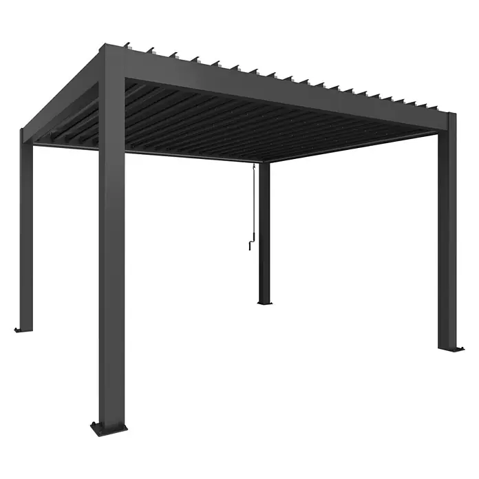 Biohort Lamellenpavillon - B x T: 404,5 mm x 367,5 cm, Dunkelgrau Metallic, Material Gestell: Stahl - Dunkelgraue Metall-Pergola mit verstellbarem Lamellendach und Kurbelmechanismus.
