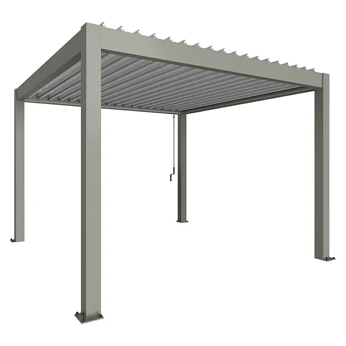 Biohort Lamellenpavillon - B x T: 367,5 x 367,5 cm, Quarzgrau Metallic - Silber Metallic, Material Gestell: Stahl - Graue Metall-Pergola mit verstellbarem Lamellendach, vier Pfosten und Handkurbel.