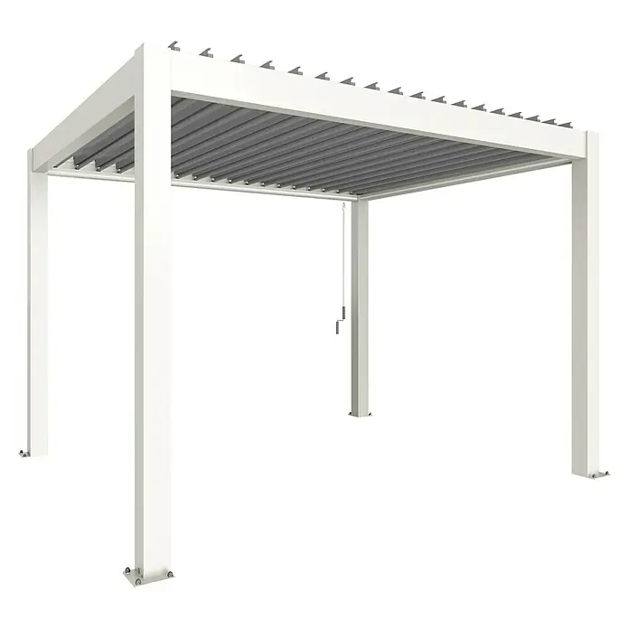 Biohort Lamellenpavillon - B x T: 367,5 x 312 cm, Weiß/Silber Metallic, Material Gestell: Stahl - Weiße Aluminium-Pergola mit verstellbaren grauen Lamellendachlatten für den Sonnenschutz im Freien.