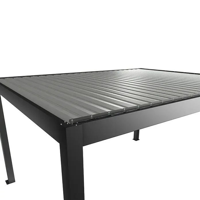 Biohort Pergola Lamellenpavillon Gr. 4,5 - B x T: 460 x 367,5 cm, Dunkelgrau Metallic - Silber Metallic, Material Gestell: Stahl - Schwarzes Metall-Pergola-Gestell mit gewelltem grauen Dach.