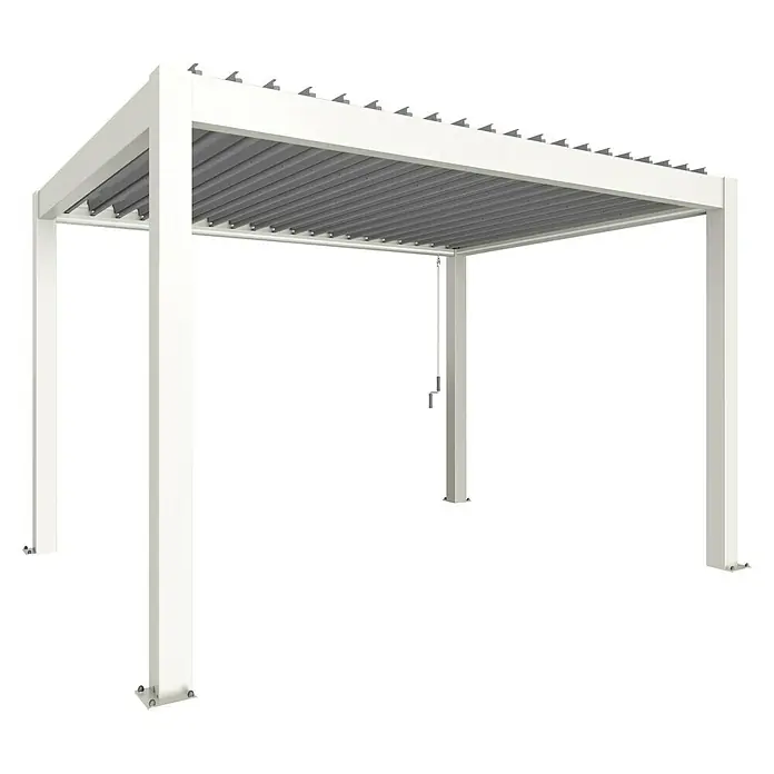 Biohort Lamellenpavillon - B x T: 404,5 x 312 cm, Weiß/Silber Metallic, Material Gestell: Stahl - Weiße Aluminium-Pergola mit verstellbarem grauem Lamellendach.