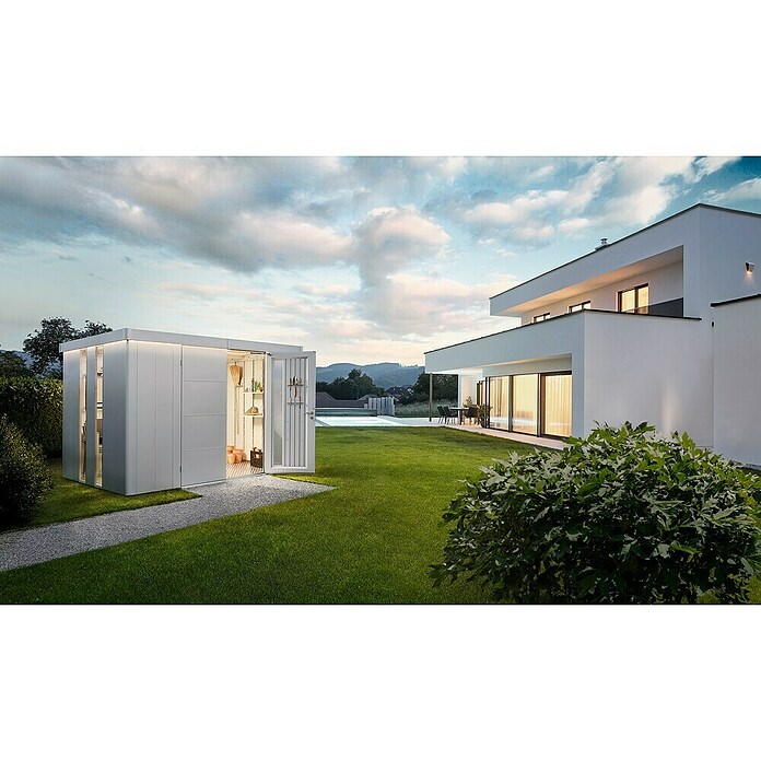 Biohort Neo Gerätehaus 2D (Außenbreite inkl. Dachüberstand: 348 cm, Außentiefe inkl. Dachüberstand: 236 cm, Stahl, Silber, Doppeltür) | BAUHAUS