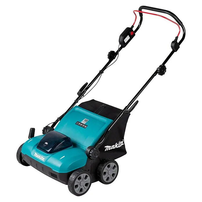 Makita LXT 18V Akku-Vertikutierer DUV320Z - Anzahl Akkus: Ohne Akku, 18 V, Arbeitsbreite: 32 cm - Türkis-schwarzer Makita Akku-Rasenmäher mit Grasfangsack und roten Griffakzenten.
