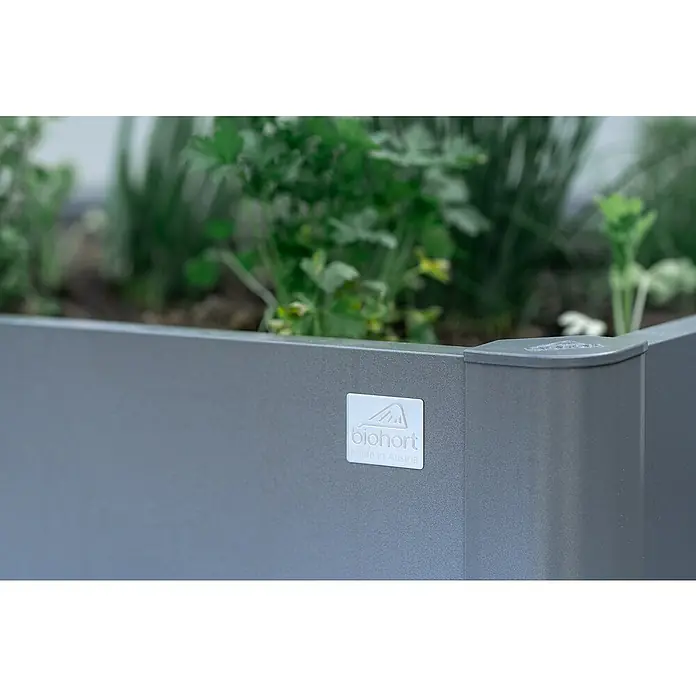 Biohort Belvedere Hochbeet Belvedere L - 61 x 102 x 102 cm, Stahl, Dunkelgrau Metallic - Dunkelgraues Biohort Hochbeet mit 'Made in Austria' Etikett, bepflanzt mit Grünzeug.