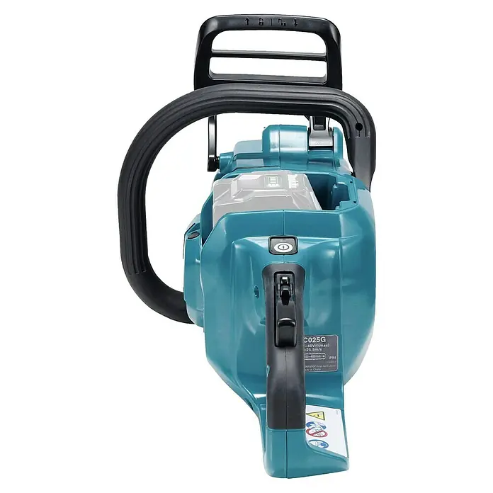 Makita XGT 40V max. Akku-Kettensäge UC025GZ - 40 V, Li-Ionen, Ohne Akku, Schwertlänge: 350 mm - Türkise und schwarze Akku-Kettensäge mit Batteriefach, ergonomischen Griffen und sichtbarem Netzschalter.