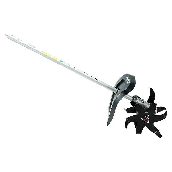 Makita Kultivator KR401MP - Passend für: DUX18, DUX60, UX01G - Makita Fräsenaufsatz mit silbernem Schaft, schwarzem Schutz und sechs schwarzen Kultivatorzinken.