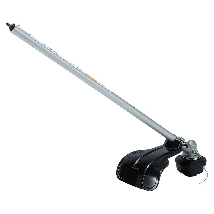 Makita Rasentrimmeraufsatz EM406MP - Passend für: DUX18, DUX60, UX01G - Grauer Schaft mit schwarzem Fadenkopf, Schutzhaube und sichtbarer grüner Schnur.