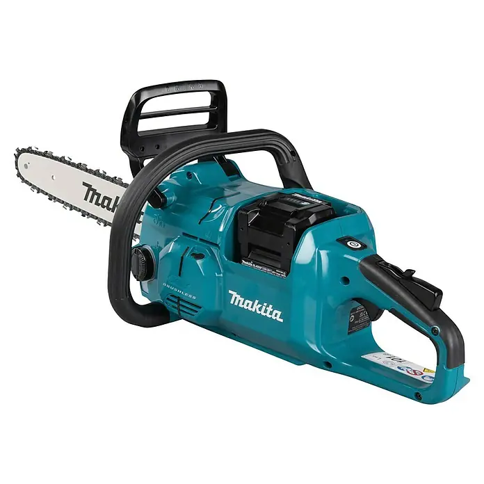 Makita XGT 40V max. Akku-Kettensäge UC025GZ - 40 V, Li-Ionen, Ohne Akku, Schwertlänge: 350 mm - Makita türkis-schwarze Akku-Kettensäge mit weißem Schwert, bürstenlosem Motor und 36V-40V Akku.