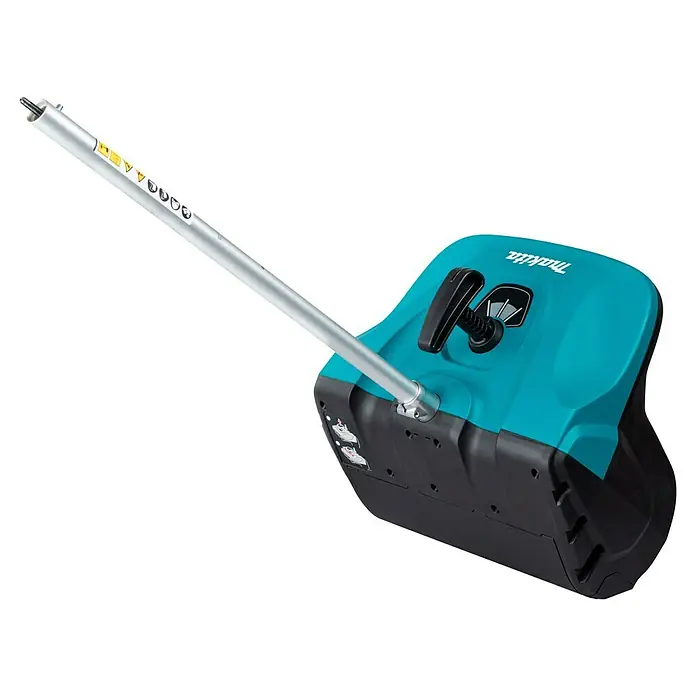 Makita Multifunktionswerkzeug-Zubehör Schneefräsen-Aufsatz SN400MP - Passend für: DUX18, DUX60, UX01G - Makita türkisfarbene und schwarze Akku-Schneeschaufel mit silbernem Stiel und Steuerhebel.