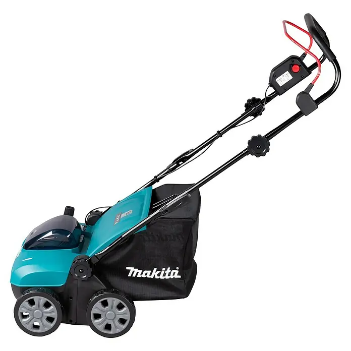 Makita LXT 18V Akku-Vertikutierer DUV320Z - Anzahl Akkus: Ohne Akku, 18 V, Arbeitsbreite: 32 cm - Makita Elektromäher in Türkis-Schwarz mit schwarzem Grasfangsack und ergonomischem Griff mit rotem Sicherheitsbügel.