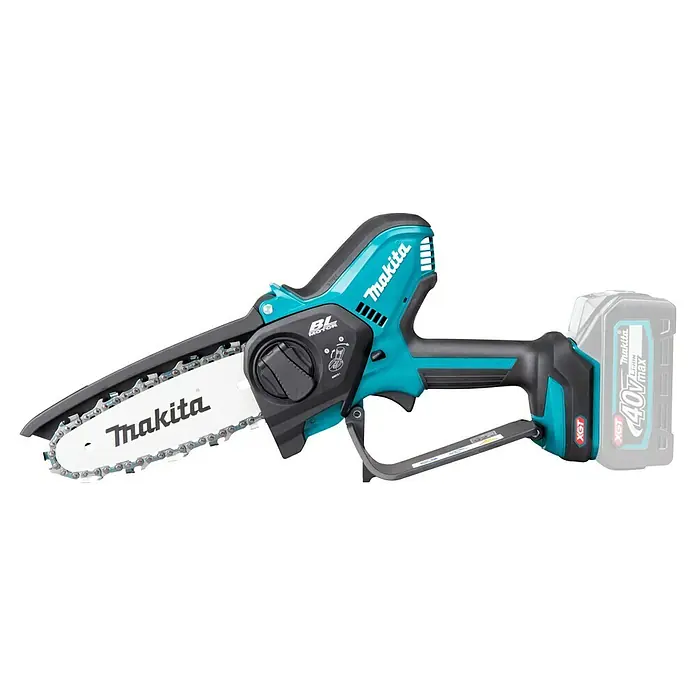 Makita XGT 40V max. Akku-Astsäge UC029GZ - 40 V, Li-Ionen, Ohne Akku, Schwertlänge: 150 mm - Akku-Makita-Minikettensäge, türkis und schwarz, mit 40V Li-ion Akku.