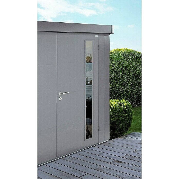Biohort Neo Gerätehaus 1C (Außenbreite inkl. Dachüberstand: 292 cm, Außentiefe inkl. Dachüberstand: 180 cm, Stahl, Dunkelgrau-Metallic, Doppeltür) | BAUHAUS