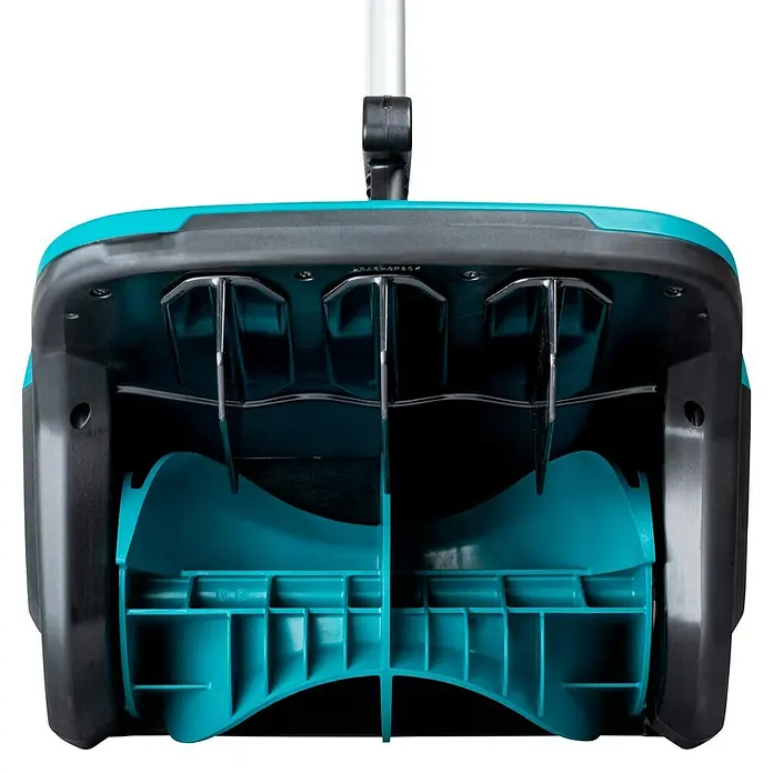 Makita Multifunktionswerkzeug-Zubehör Schneefräsen-Aufsatz SN400MP - Passend für: DUX18, DUX60, UX01G - Unterseite eines türkis-schwarzen Gartendüngers, mit geripptem Rotor und Metallstützen.