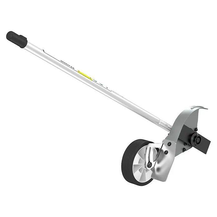Makita Rasentrimmeraufsatz EE400MP - Passend für: DUX18, DUX60, UX01G - Ein Rasenkantenschneider auf Rädern mit langem weißen Griff, schwarzem Haltegriff und Metallschneidkopf.