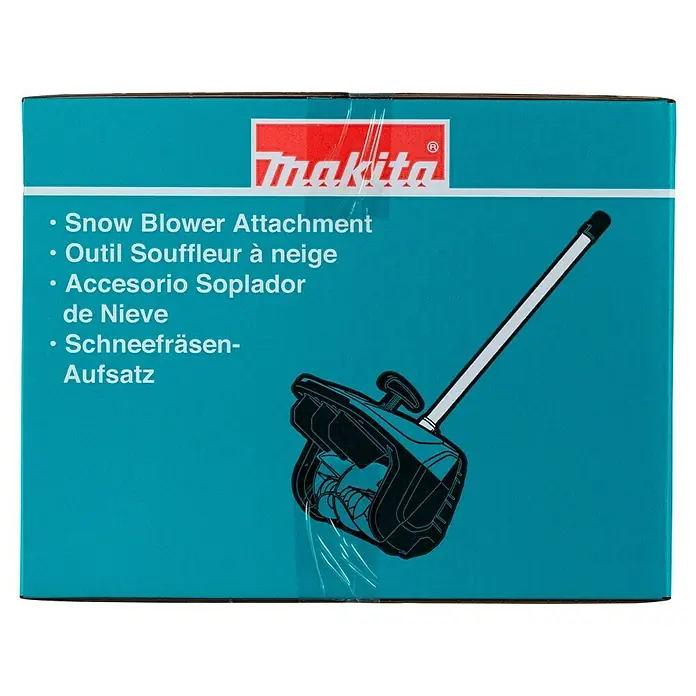 Makita Multifunktionswerkzeug-Zubehör Schneefräsen-Aufsatz SN400MP - Passend für: DUX18, DUX60, UX01G - Makita Schneefräsen-Aufsatz Box, türkis mit weißem Text und einer schwarz-weißen Abbildung des Aufsatzes.