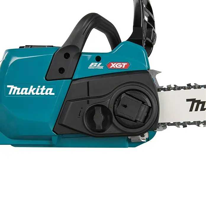 Makita XGT 40V max. Akku-Kettensäge UC022GZ - 40 V, Li-Ionen, Ohne Akku, Schwertlänge: 350 mm - Türkis-schwarze Makita Kettensäge mit sichtbarer Kette, "BL MOTOR" und "XGT" Logos und einem Kettenspannknopf.