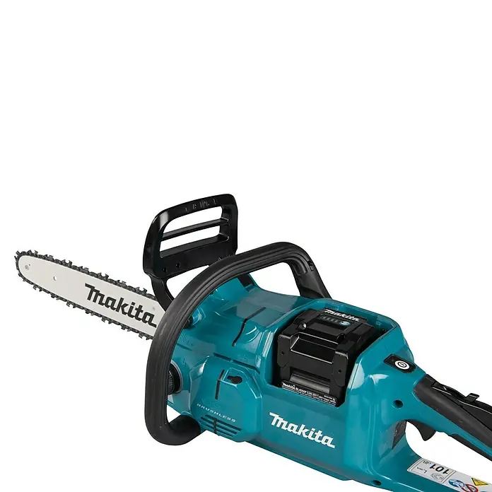 Makita XGT 40V max. Akku-Kettensäge UC025GZ - 40 V, Li-Ionen, Ohne Akku, Schwertlänge: 350 mm - Eine türkisfarbene und schwarze Makita Akku-Kettensäge mit silberner Führungsschiene.
