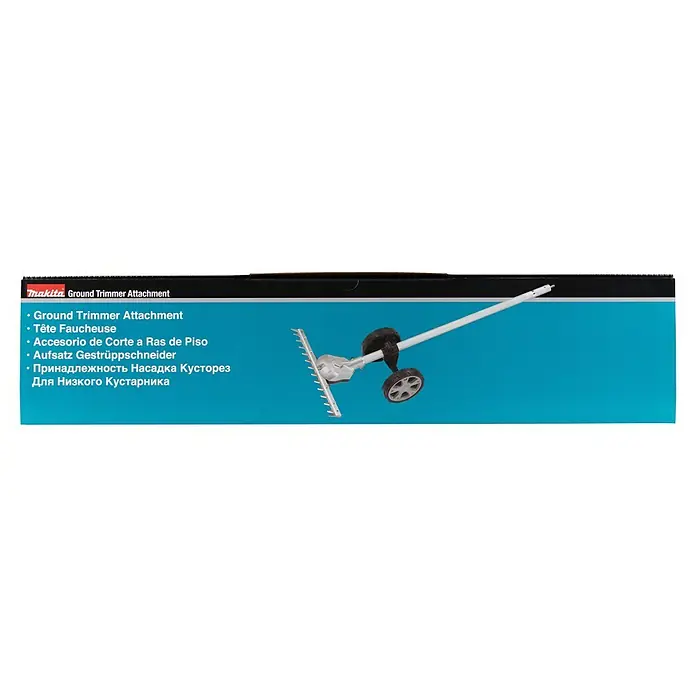 Makita Gras- & Strauchscherenaufsatz EN424MP - Passend für: DUX18, DUX60, UX01G - Makita Bodentrimmer-Aufsatz mit langem Schaft, scharfer Klinge und zwei Rädern, auf türkisfarbenem Hintergrund.