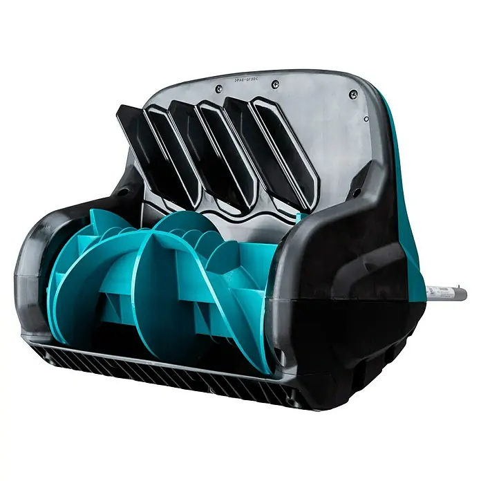 Makita Multifunktionswerkzeug-Zubehör Schneefräsen-Aufsatz SN400MP - Passend für: DUX18, DUX60, UX01G - Türkise Schneckenwelle eines Schneeschiebers oder einer Schneefräse in einem schwarzen Gehäuse.