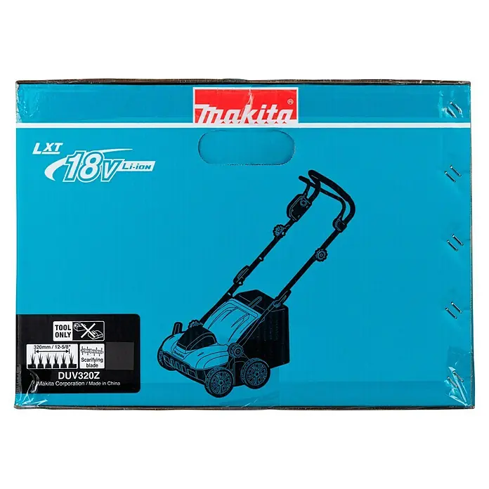 Makita LXT 18V Akku-Vertikutierer DUV320Z - Anzahl Akkus: Ohne Akku, 18 V, Arbeitsbreite: 32 cm - Blaue Makita LXT 18V Li-ion Vertikutierer DUV320Z Werkzeugkiste mit Produktillustration und Details zum Vertikutierblatt.