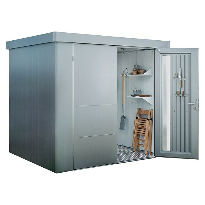 Biohort Neo Gerätehaus 4C (Außenbreite inkl. Dachüberstand: 292 cm, Außentiefe inkl. Dachüberstand: 348 cm, Stahl, Silber-Metallic, Einzeltür) | BAUHAUS