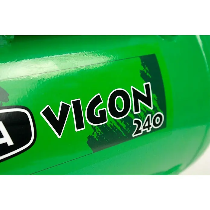 Prebena Kompressor Vigon 240 - Max. Druck: 8 bar, 24 l - Grünes Produktdetail mit ‚VIGON 240‘ in schwarzer und weißer Schrift.
