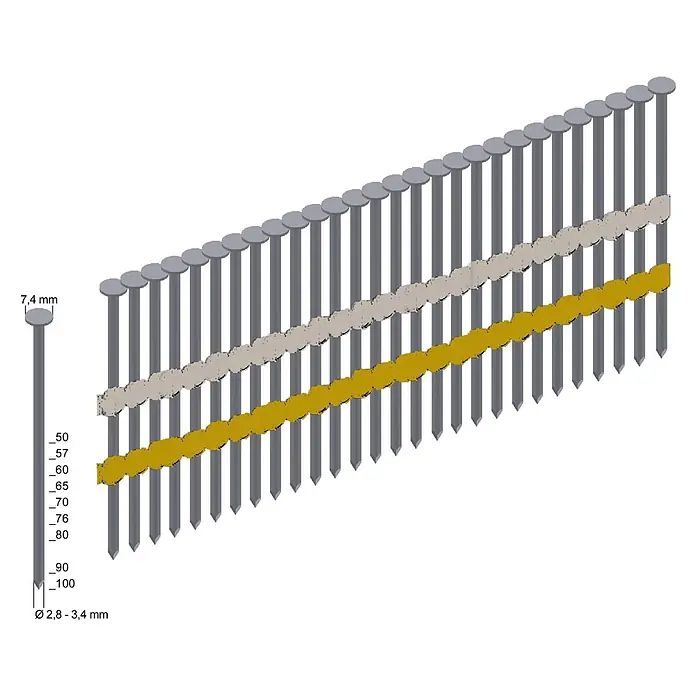 Prebena Streifennägel RK28/65BK - Blank, 65 mm, 3.000 Stk. - Graue magaziniere Nägel in zwei Reihen mit Magazinierungsstreifen, mit 7,4 mm Kopf, 2,8-3,4 mm Schaft und Längen von 50 bis 100 mm.