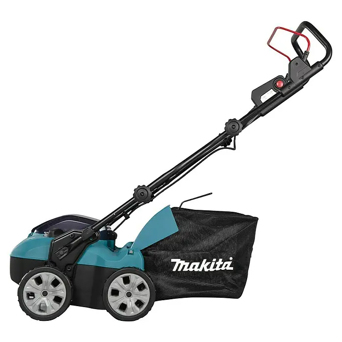 Makita XGT 40V max. Akku-Vertikutierer UV001GZ - Anzahl Akkus: Ohne Akku, 40 V, Arbeitsbreite: 38 cm - Ein türkiser und schwarzer Elektrorasenmäher mit Fangsack und roten Griffakzenten.