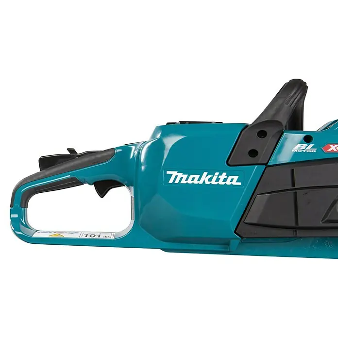 Makita XGT 40V max. Akku-Kettensäge UC025GZ - 40 V, Li-Ionen, Ohne Akku, Schwertlänge: 350 mm - Türkise und schwarze Makita Elektrokettensäge mit ergonomischem Griff und Abzug, inklusive Makita-Logo und "BL MOTOR" Aufschrift.