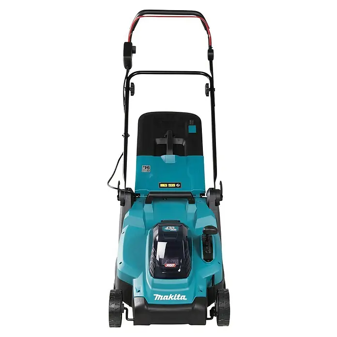 Makita XGT 40V max. Akku-Rasenmäher LM004GZ - 40 V, Ohne Akku, 8 Ah, Schnittbreite: 43 mm - Türkis-schwarzer Akku-Rasenmäher von Makita mit rotem Lenker, von oben-vorne gesehen.