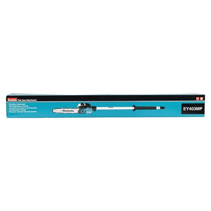 Makita Hochentaster-Aufsatz EY403MP - Passend für: DUX18, DUX60, DUX01G - Makita Stabsägenaufsatz in Hellblau und Schwarz auf der Produktverpackung. Er besteht aus Sägekopf, Verlängerungsstange und Griff.
