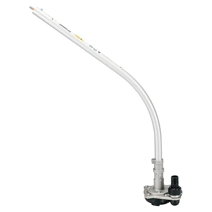 Makita Tauchpumpen-Anschlussstück PF400MP - Passend für: DUX18, DUX60, UX01G - Gebogene, silberne Metallschaftverlängerung mit schwarzem und silbernem Getriebekopf, wahrscheinlich für einen Freischneider.