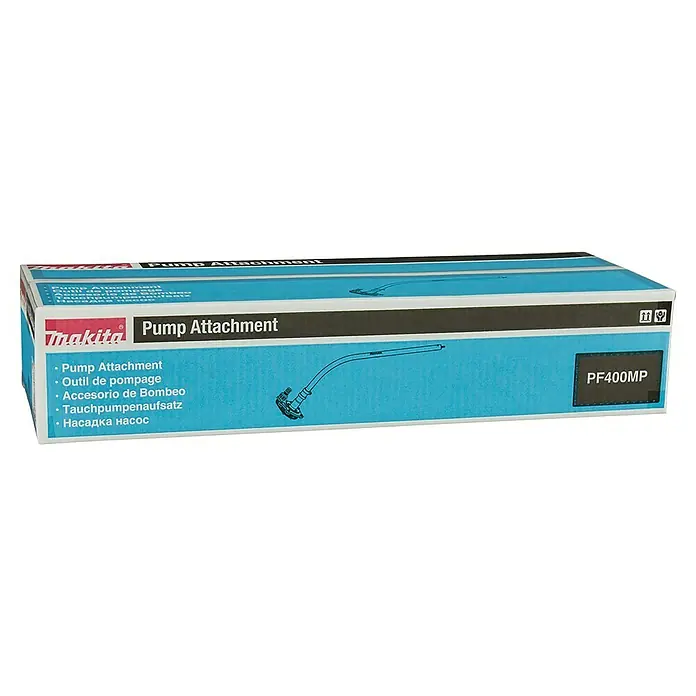 Makita Tauchpumpen-Anschlussstück PF400MP - Passend für: DUX18, DUX60, UX01G - Makita PF400MP Pumpenaufsatz in blauer und weißer Verkaufsverpackung, mit einer Abbildung des Aufsatzes.